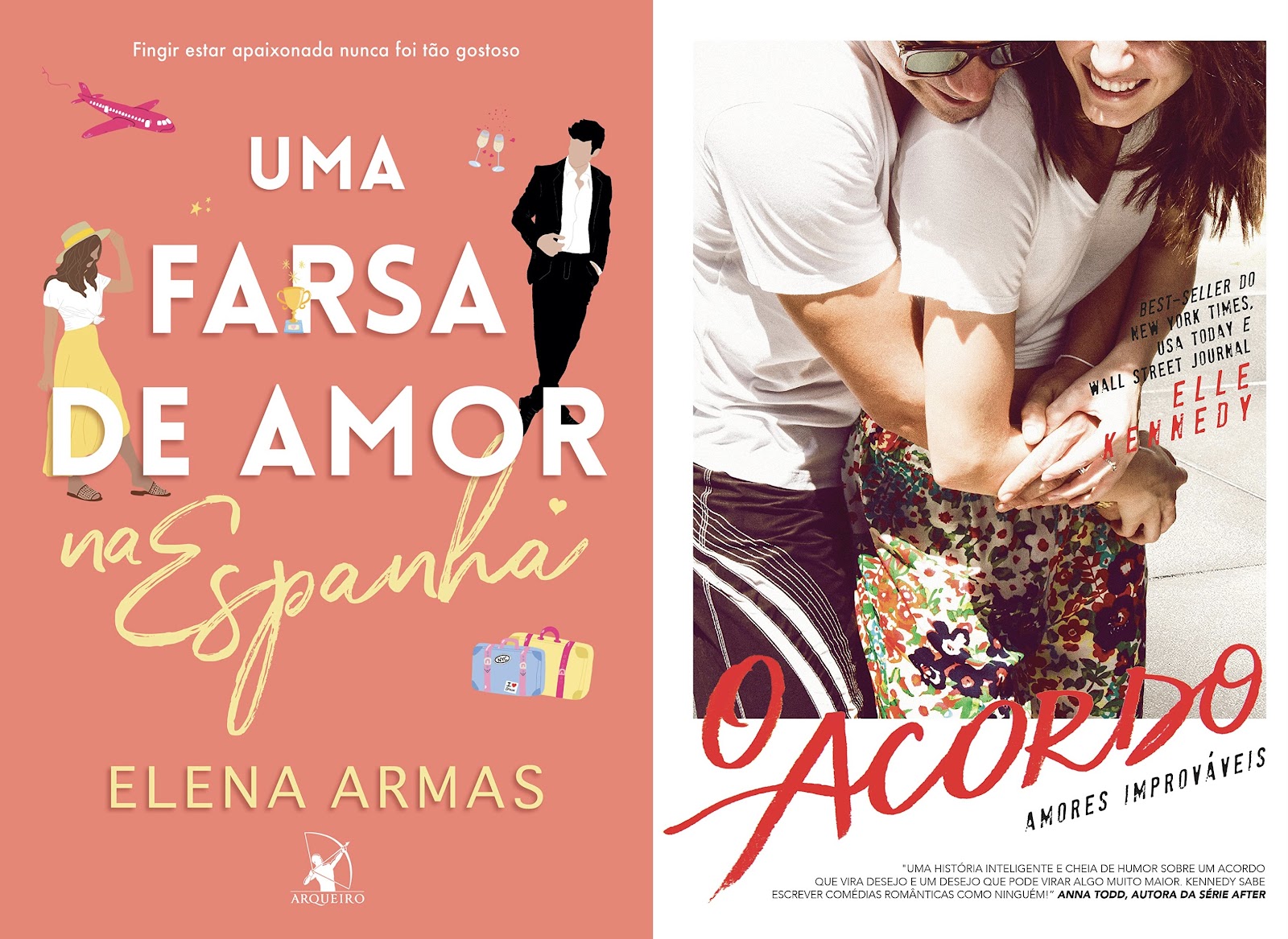 Capas dos livros Uma Farsa de Amor na Espanha, por Elena Armas, e O Acordo, por Elle Kennedy