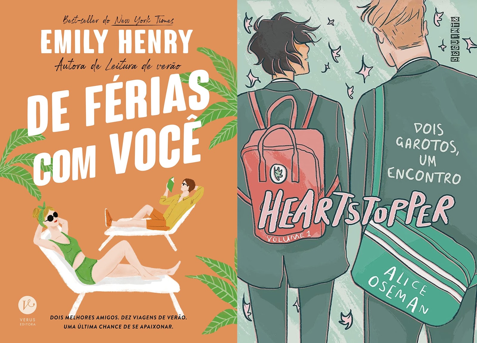 Capas dos livros De Férias Com Você, por Emily Henry, e Heartstopper, por Alice Oseman