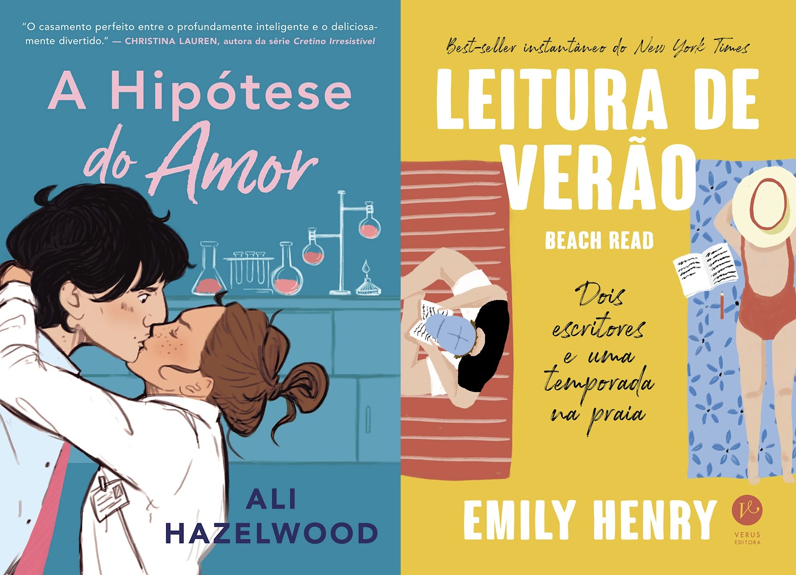 Capas dos livros A Hipótese do Amor, por Ali Hazelwood, e Leitura de Verão, por Emily Henry