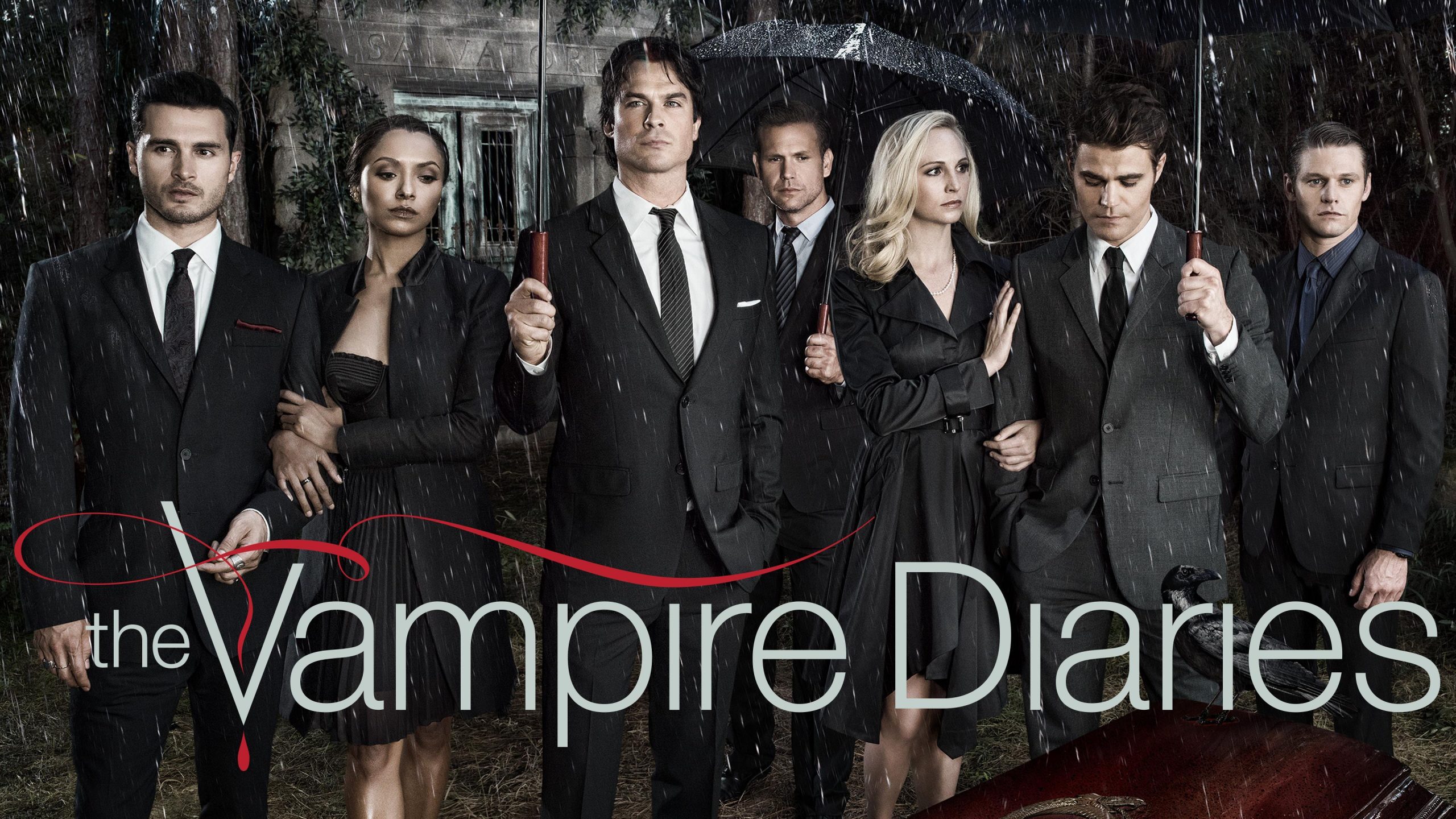 Poster de divulgação da série The Vampire Diaries com os protagonistas a frente e o título da série abaixo