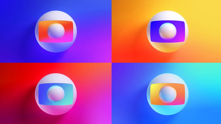 Imagem mostra quatro ilustrações diferentes do logo da TV Globo com cores diferentes: a primeira em roxo azulado com laranja; a segunda com roxo azulado e amarelo; a terceira com azul e rosa avermelhado; e a quarta com laranja amarelado e azul.