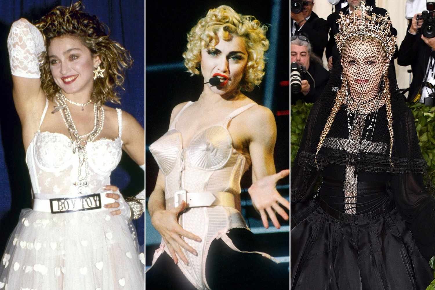 Colagem mostra foto de Madonna em três momentos diferentes de sua carreira. A primeira após apresentar Like a Virgin no VMA, a segunda apresentando Vogue, e a terceira no tapete vermelho de uma premiação.