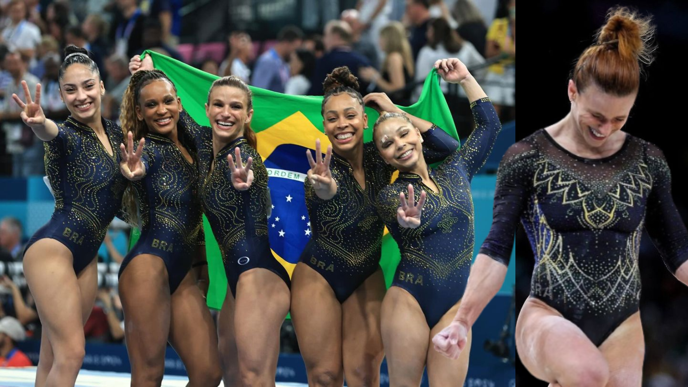 Julia Soares, Rebeca Andrade, Jade Barbosa, Lorrane Santos e Flavia Saraiva e o uniforme feminino de ginástica em Paris 2024