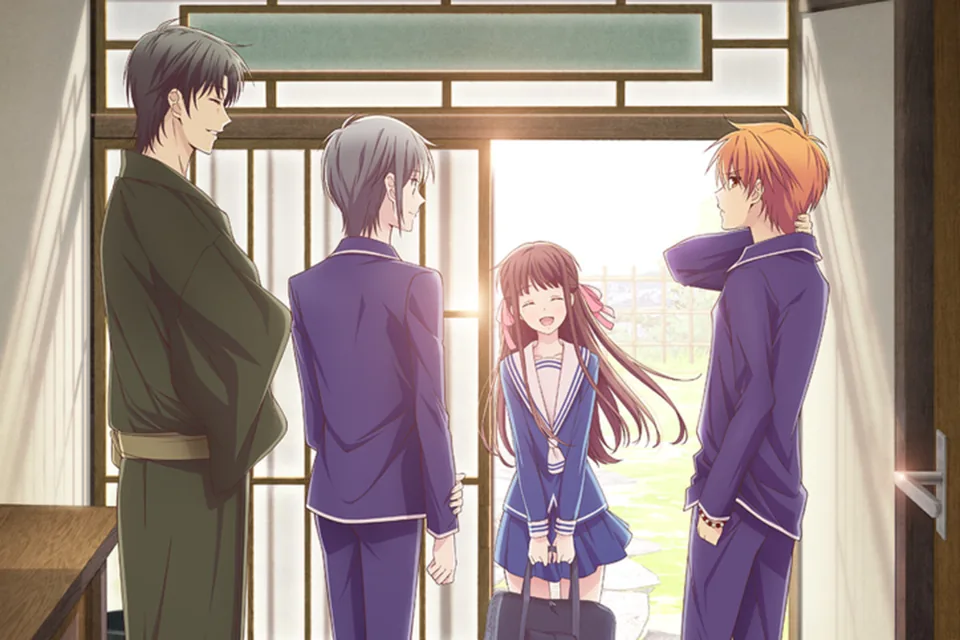 Personagens de Fruits Basket conversando. 