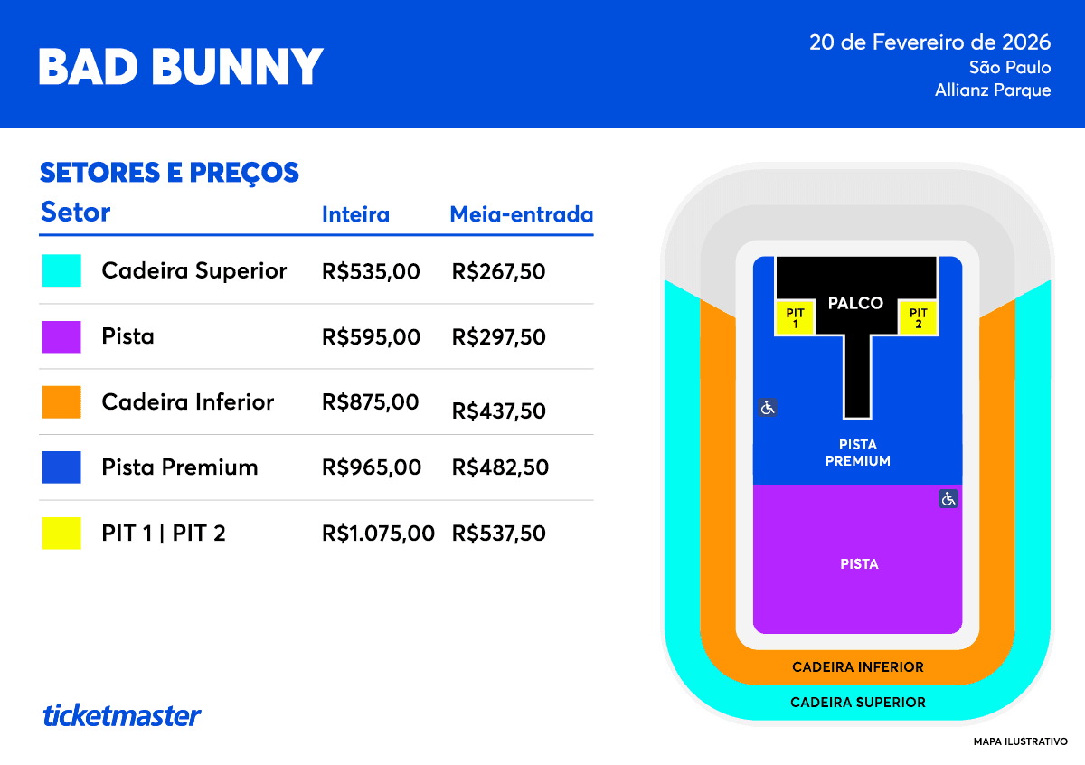 Valores dos ingressos para o show de Bad Bunny no Brasil.