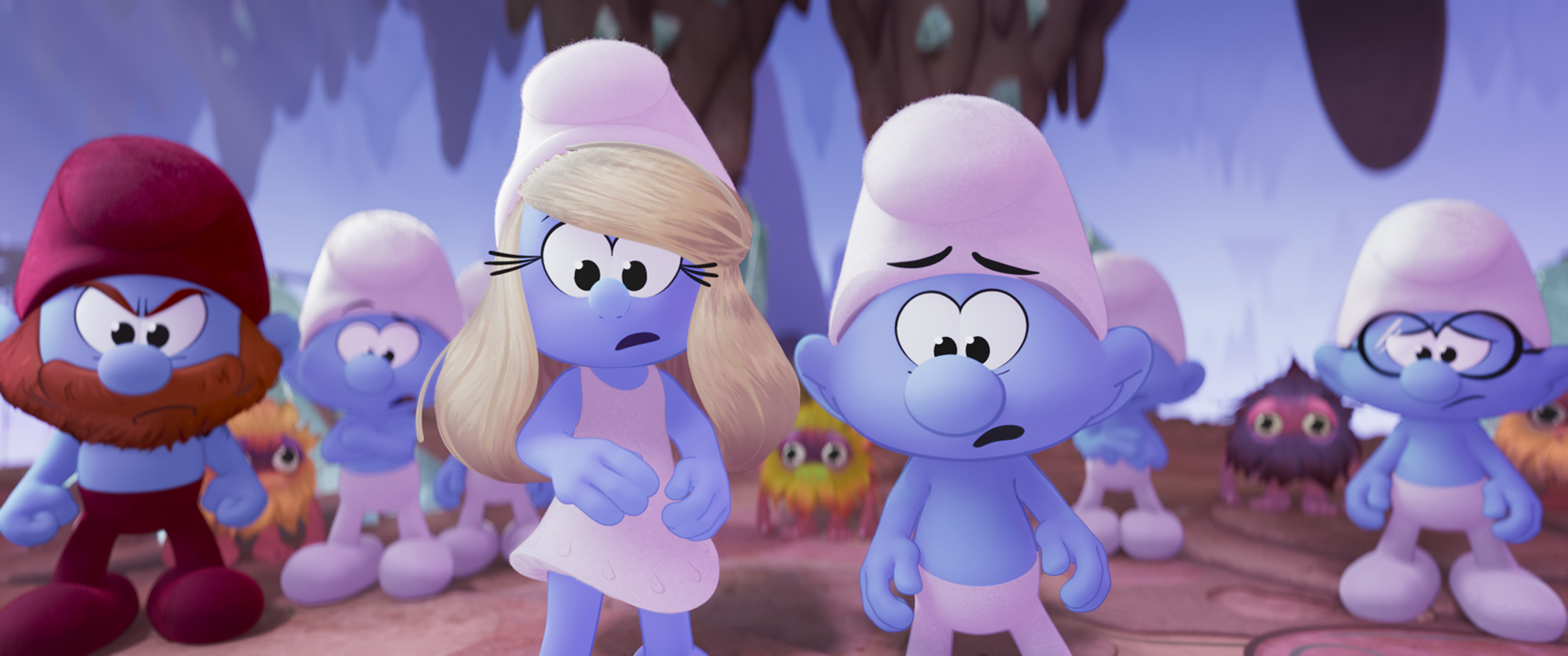 Ken (Nick Offerman), Smurfette (Rihanna), No Name (James Corden) and Brainy Smurf (Xolo Mariduena) in Smurfs from Paramount Animation.