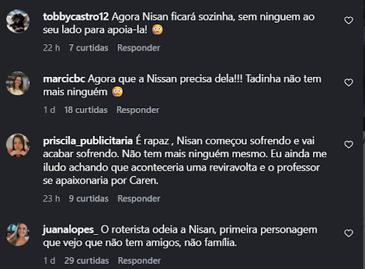 Print de comentários negativos no Instagram sobre a saída da personagem 