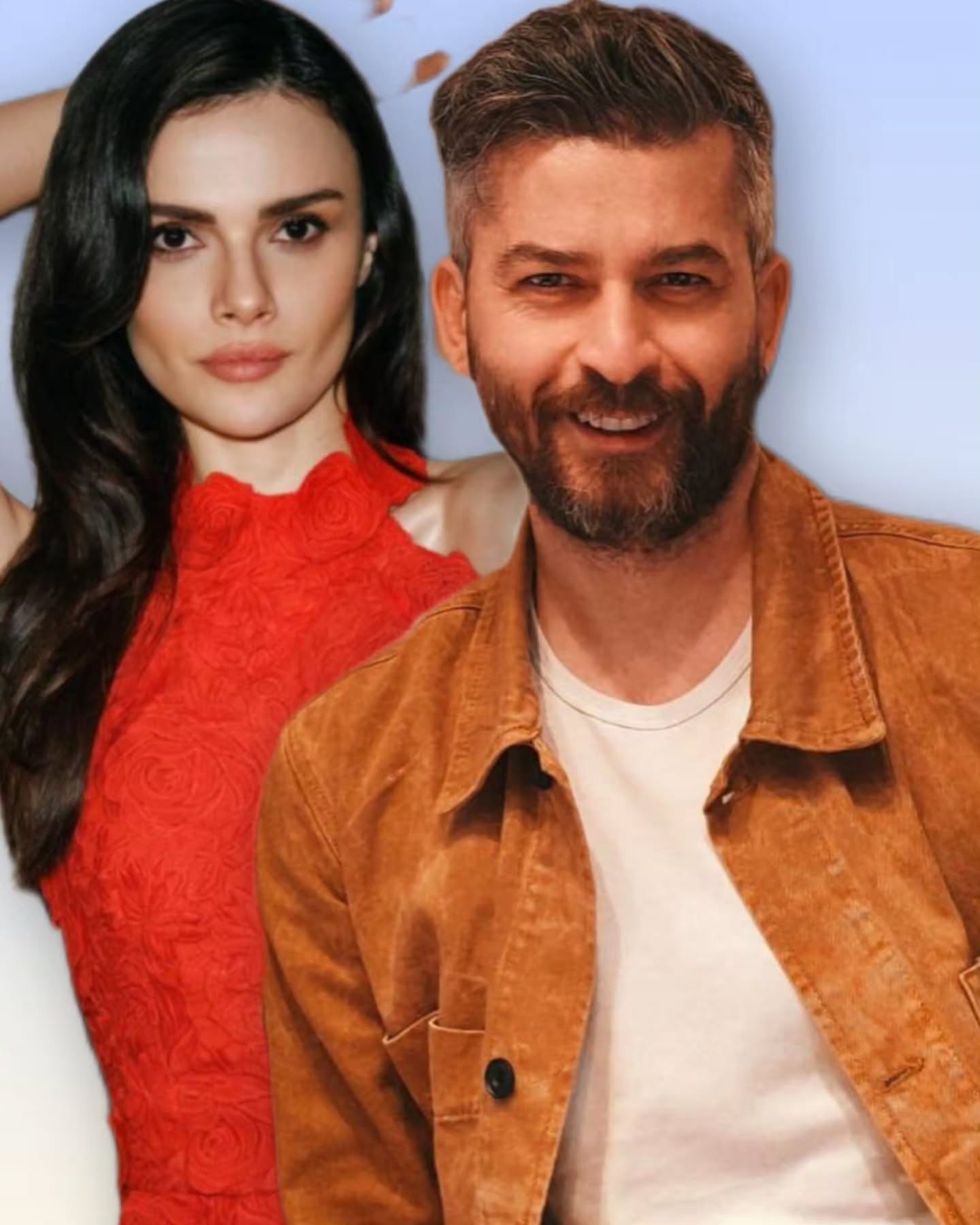 Montagem simples de Sinem Ünsal usando um vestido vermelho ao lado de Onur Özaydın, que utiliza uma blusa branca e uma camisa alaranjada e desabotoada por cima.