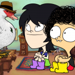Na imagem aparecem o Pato Gesonel, Lara e o Irmão do Jorel