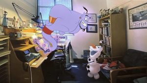 Gênio e Olaf interagindo entre si em Once Upon a Studio, curta em comemoração aos 100 anos da Disney