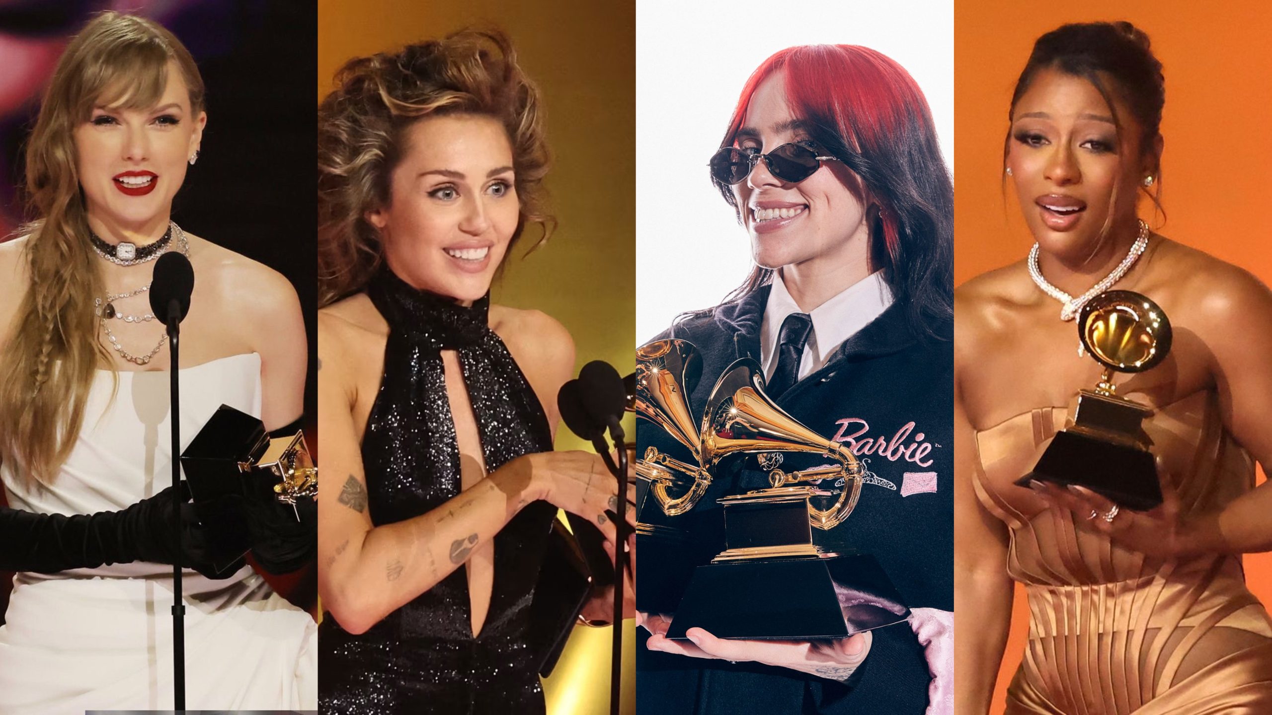 Taylor Swift, Miley Cyrus, Billie Eilish e Victoria Monét, respectivamente. Artistas vencedoras do Grammy 2024.