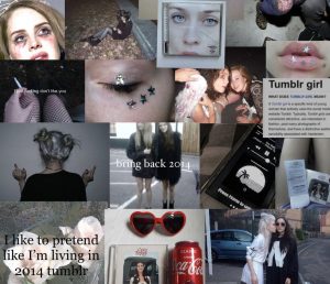 Colagem de imagens que retratam a estética de 2014. Com recortes de imagens de maquiagens, roupas e algumas fotos da cantora Lana Del Rey