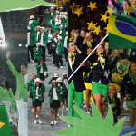 Colagem com os uniformes do Brasil para as últimas Olimpíadas.