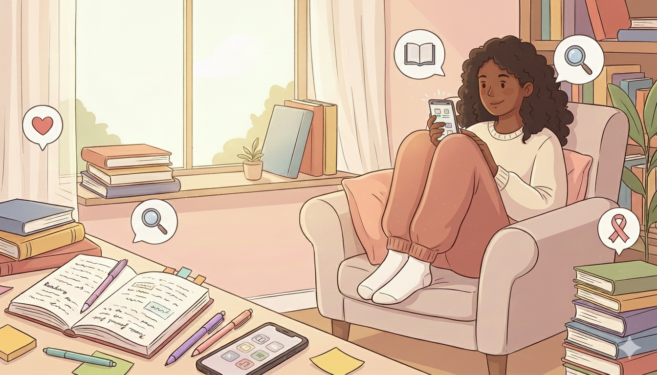Ilustração 3D aconchegante de uma jovem negra sentada confortavelmente em uma poltrona, usando um celular para organizar suas leituras. Ao redor, há livros empilhados, plantas e uma atmosfera de luz suave.
