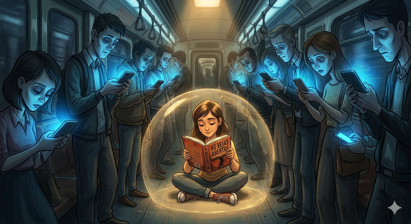 Ilustração representa a leitura como resistência no Brasil: enquanto uma leitora mergulha em “As Veias Abertas da América Latina”, ao redor passageiros permanecem presos às telas, evidenciando a crise de atenção e o impacto da era digital no hábito de leitura.