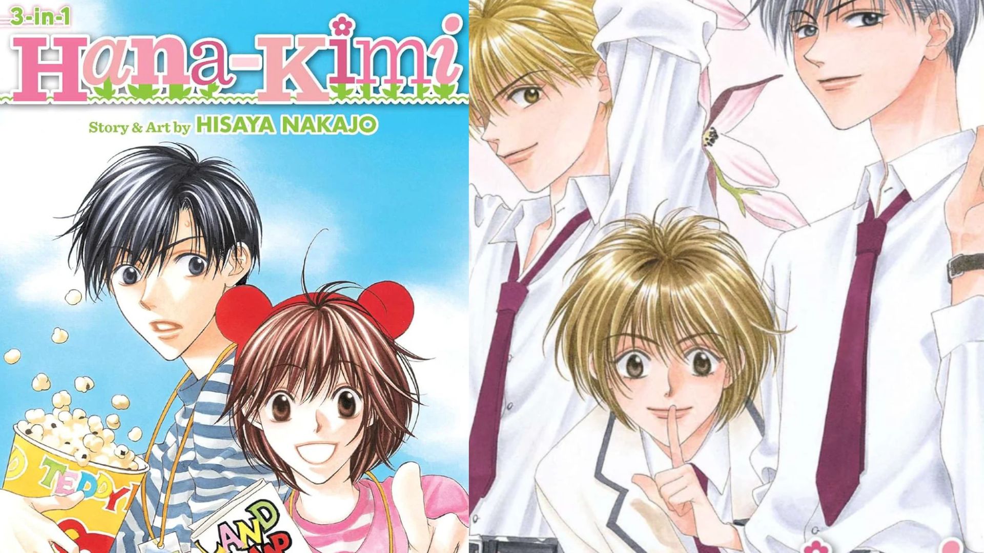 Capas de dois volumes do mangá shoujo Hana-kimi, publicados nos EUA, em uma versão 3 em 2.