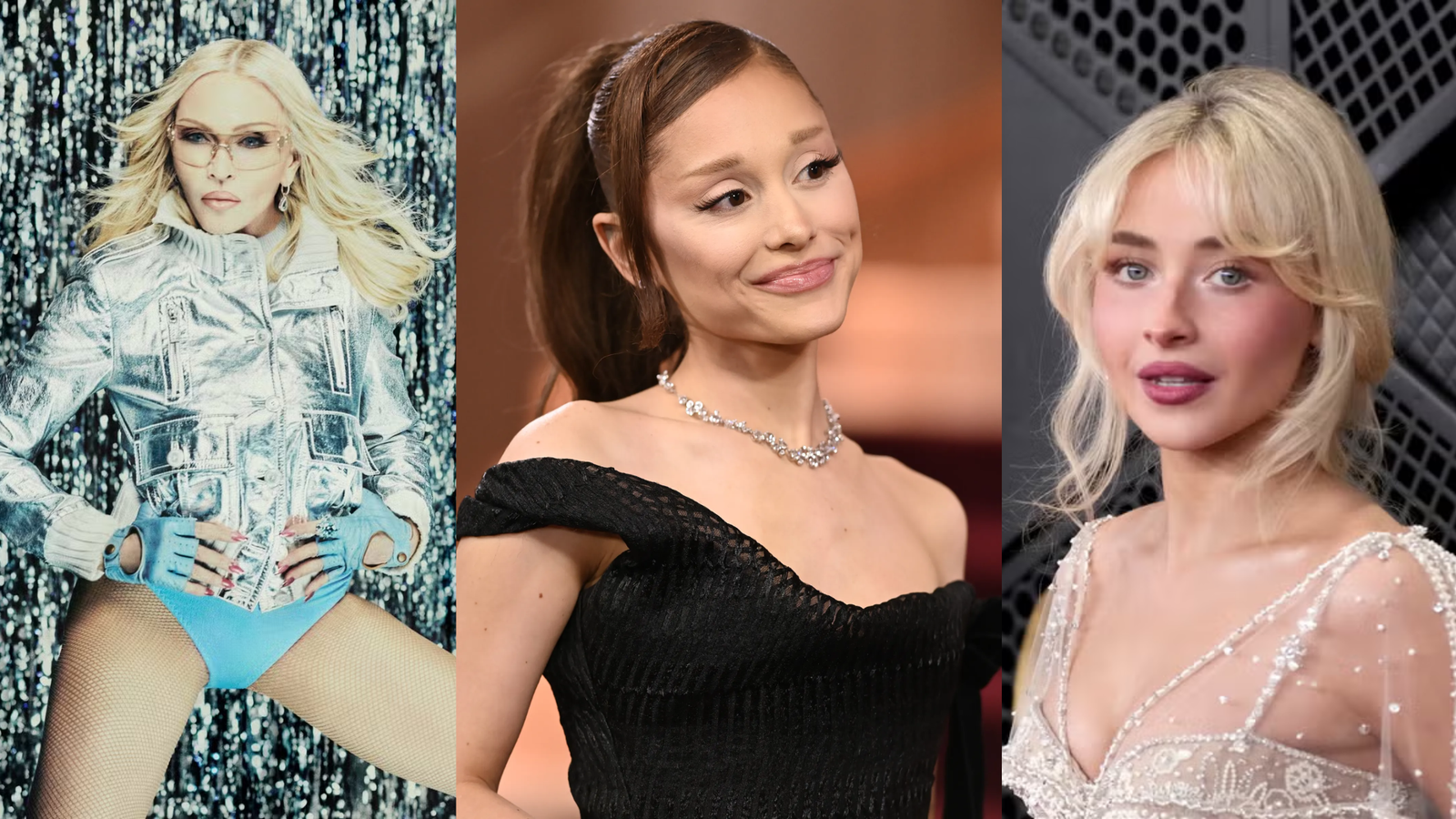 Madonna, Ariana Grande e Sabrina Carpenter da esquerda para direita.