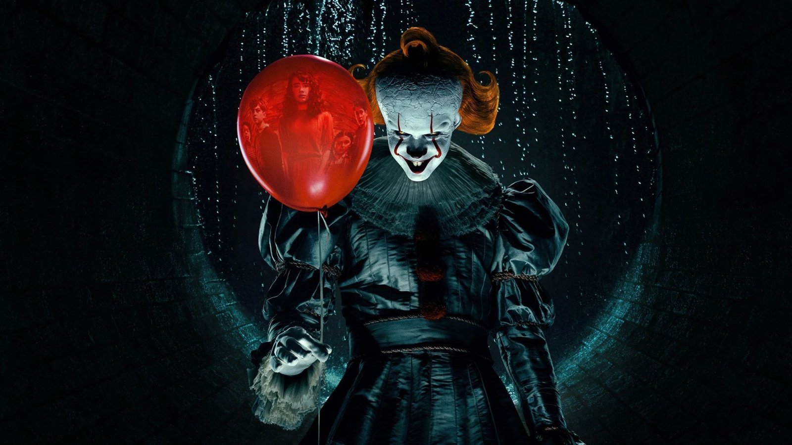 IT, a coisa, segurando um balão vermelho no escuro.