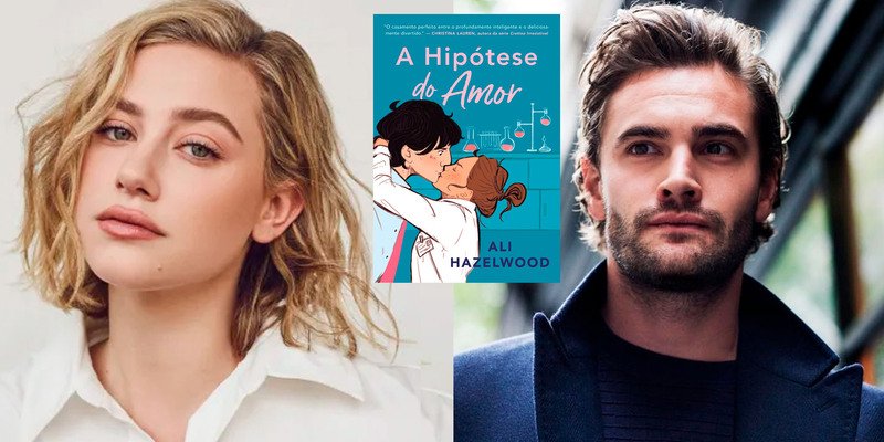 Lili Reinhart e Tom Bateman e capa do livro de A Hipótese do Amor.
