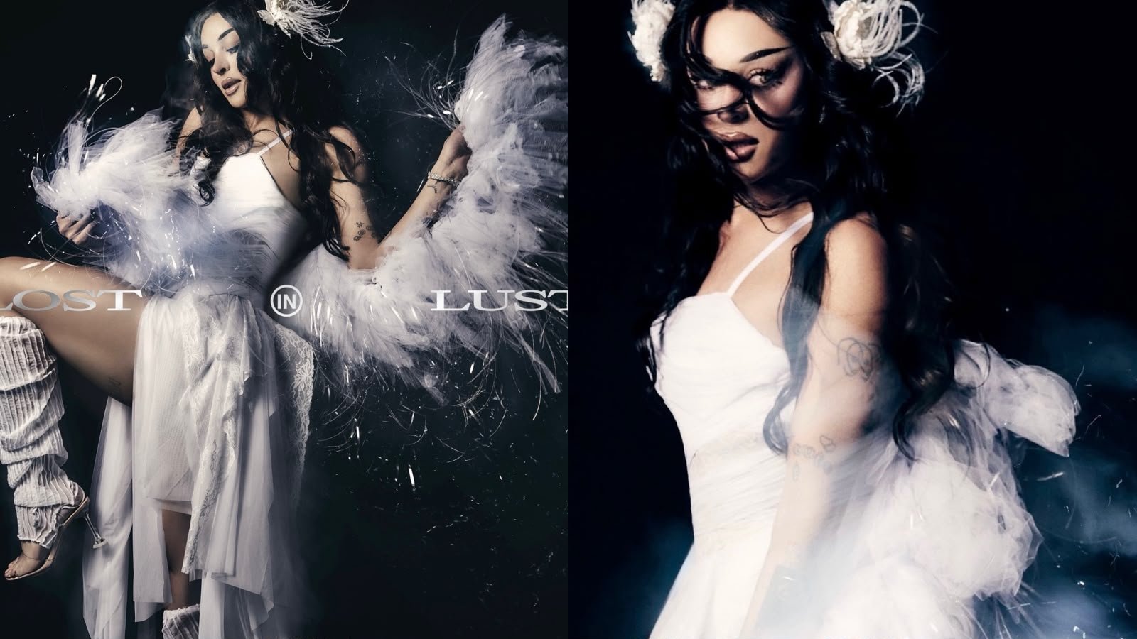 Photoshoot do álbum da cantora (à esquerda) e capa do álbum Lost In Lust (à direita)